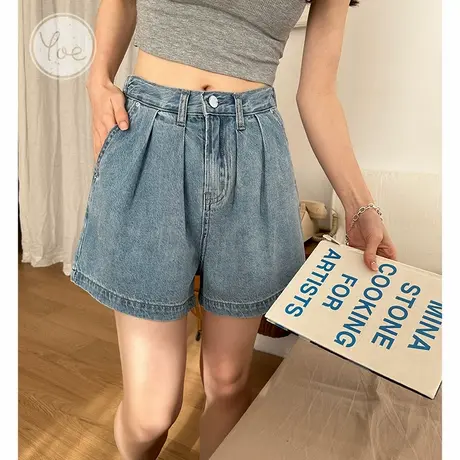 yoe牛仔短裤女休闲设计感显瘦韩版蓝色牛仔裤复古五分裤裤子女装图片