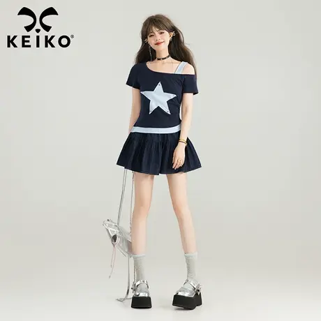 KEIKO ins风斜领露肩短袖t恤女25夏季新款星星贴布图案假两件上衣商品大图