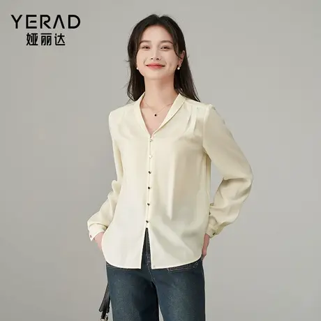 娅丽达法式通勤v领长袖蓝色衬衫女2025新款上衣气质米色衬衣商品大图