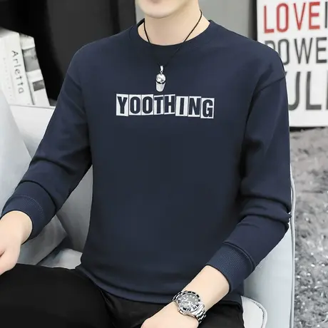 重磅纯棉卫衣男2023新款摇粒绒加绒保暖圆领长袖t恤印花无帽上衣商品大图