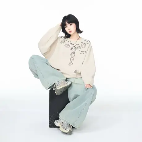 YEP2025秋季新款创意印花圆领卫衣女oversize宽松设计感套头上衣图片