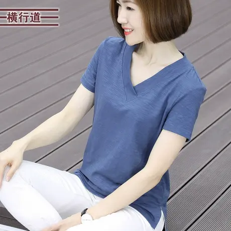 2025新款夏装纯色妈妈短袖t恤女装v领上衣大码宽松简约半袖打底衫商品大图