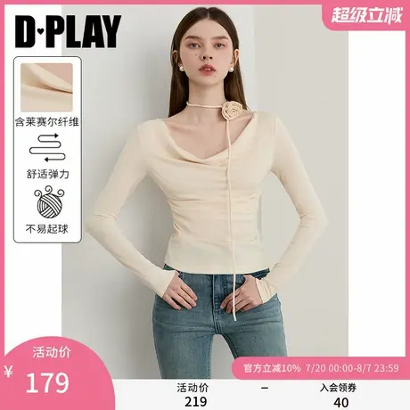DPLAY2025年秋季新款白色t恤女荡领飘带设计修身长袖小衫上衣商品大图