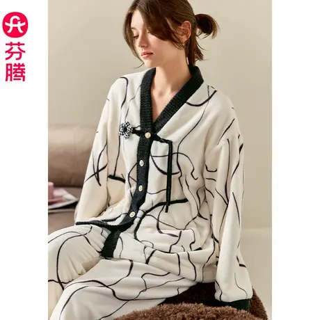 芬腾睡衣女秋冬季珊瑚绒V领套装女款宽松休闲加绒加厚大码家居服商品大图