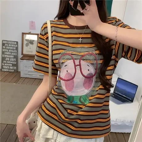 撞色条纹短袖t恤女夏季慵懒风美式潮牌设计感正肩宽松休闲打底衫图片