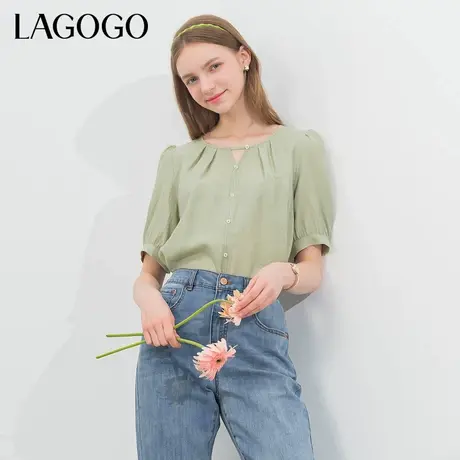 LAGOGO泡泡袖褶皱衬衫女拉谷谷夏季新款薄荷曼波风简约短袖上衣商品大图