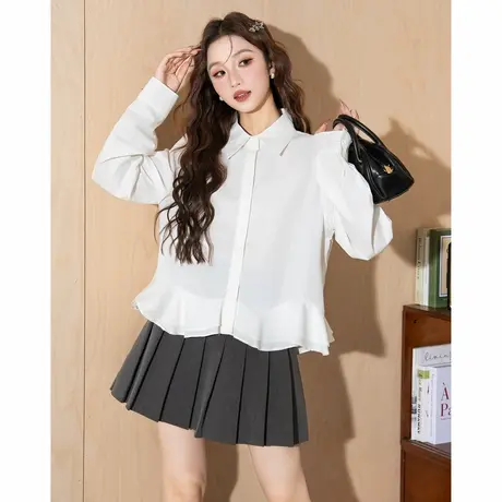 唐狮秋冬新款女衬衫短款净色下摆荷叶长袖衬衣女高级感百搭潮TM图片
