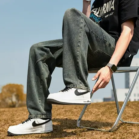 唐狮春季新款牛仔裤男直筒裤显瘦潮流美式复古水洗设计感裤子男TD图片