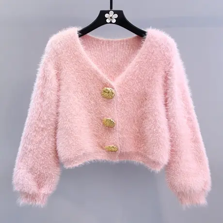 粉色V领水貂绒毛衣开衫女秋冬2023新款宽松设计感短款针织外套商品大图