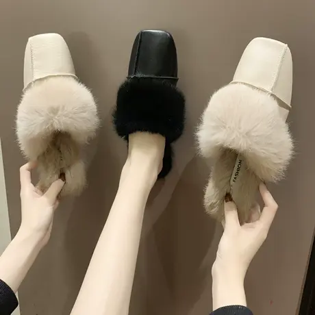 毛毛拖鞋女外穿秋冬季加绒穆勒鞋平底方头一脚蹬毛绒拖包头半拖鞋商品大图