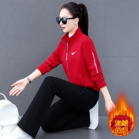 加绒加厚休闲运动套装女秋冬季新款时尚立领卫衣外套直筒裤两件套图片