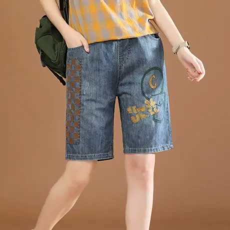 韩潮袭人松紧腰刺绣直筒五分牛仔裤女2023夏季新款百搭显瘦短裤子商品大图