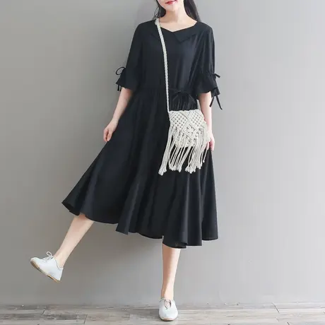 胖妹妹复古宽松黑色显瘦棉质连衣裙加大码2023新款鱼尾裙200斤女商品大图