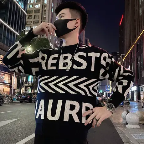 美式潮牌字母提花设计感痞帅毛衣男秋冬新款潮流个性内搭针织线衣商品大图