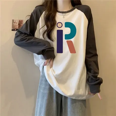 设计感小众德绒打底衫女韩版宽松加绒加厚长袖T恤撞色插肩袖上衣商品大图