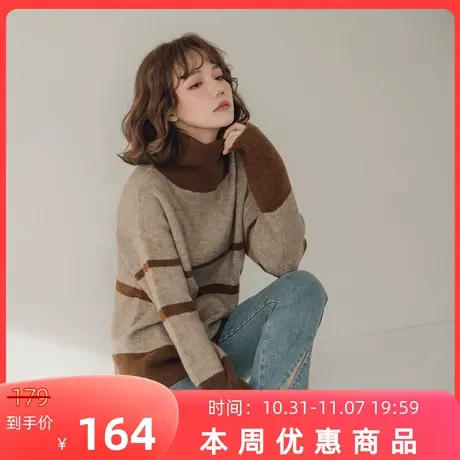 桔熊秋冬季复古长袖保暖毛衣女外穿条纹柔软高领针织衫大码FA2170图片