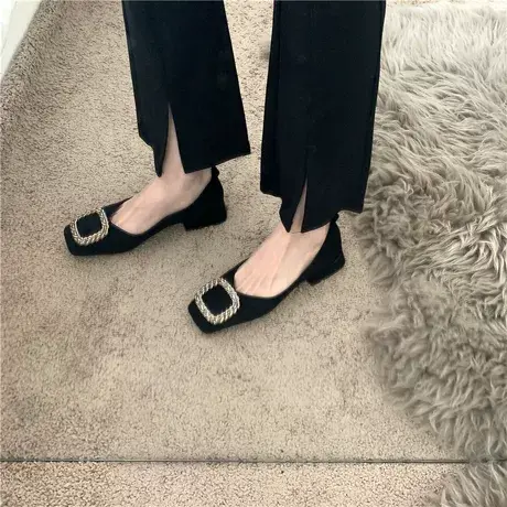 高跟鞋设计感小众单鞋女鞋子2022年秋冬新款中跟黑色豆豆鞋奶奶鞋图片