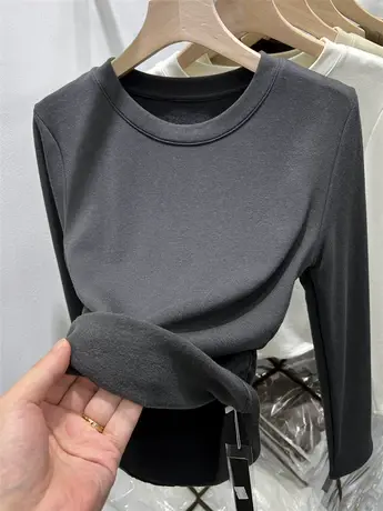 设计感下摆褶皱加薄绒长袖T恤女2023秋冬新款洋气内搭打底衫上衣商品大图