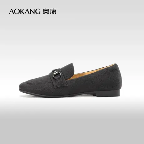 奥康女鞋 春秋款女士单鞋舒适一脚蹬小皮鞋平底日常百搭黑商品大图