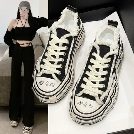 明星同款吴建豪帆布鞋女2023新款网红小香风松糕厚底增高小白板鞋图片