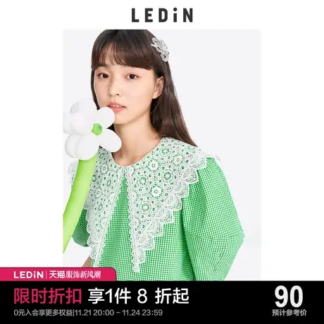 乐町绣花领短袖衬衫休闲春夏新款绿格纹上衣女宽松图片