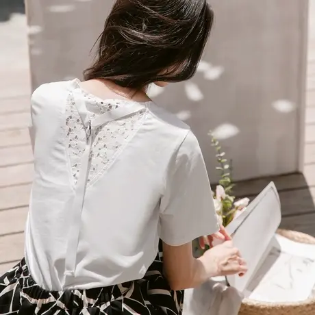 桔熊夏季通勤纯色蕾丝露背织带短袖t恤上衣女胖妹妹大码AB14947图片