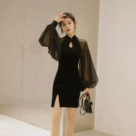 旗袍改良版连衣裙小个子职场女装2024早秋季新款优雅灯笼袖短裙子图片