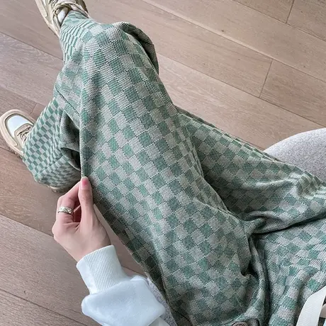 绿色棋盘格阔腿裤女春秋复古高腰宽松直筒休闲运动垂感拖地格子裤图片