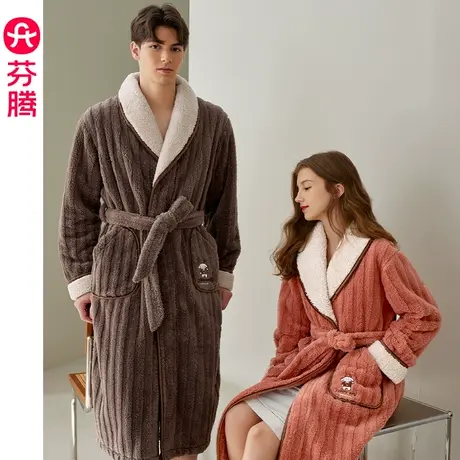 芬腾珊瑚绒睡袍情侣睡衣加绒加厚女士秋冬季法兰绒男款保暖家居服图片