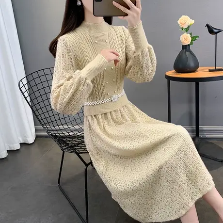 假两件气质连衣裙女春季女装超火a字裙2023春季女装中长款毛衣裙图片
