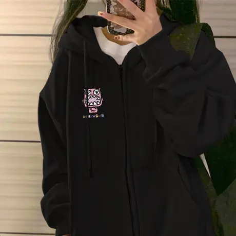 黑色卫衣外套女初中生开衫2023新款春秋季学生秋装女装拉链上衣冬图片