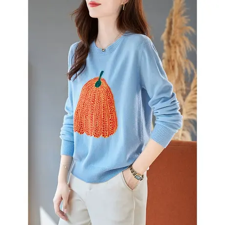 宝诗黎圆领提花宽松羊毛衫长袖套头毛衣女2023秋季新款打底针织衫商品大图