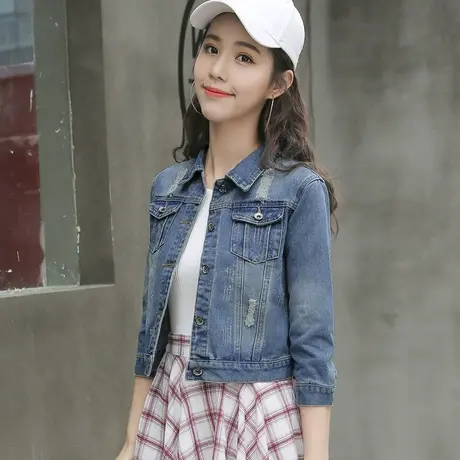 牛仔外套女短款修身韩版潮显瘦学生七分袖春秋牛仔服上衣破洞9-1商品大图