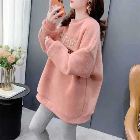 高级感字母刺绣羊羔毛圆领卫衣女2023年秋冬新款宽松洋气加绒外套商品大图