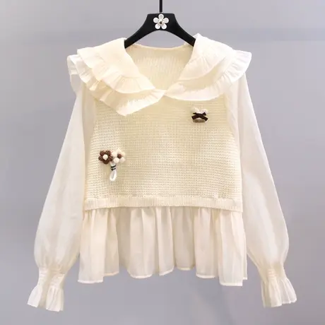 日系甜美娃娃领衬衫女春秋2023新款宽松设计感假两件拼接针织上衣图片