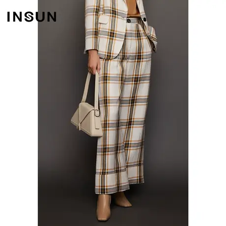 INSUN恩裳秋季英伦格纹醋酸阔腿西裤商品大图