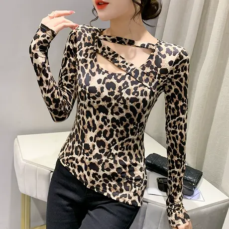 性感豹纹打底衫女春秋2024新款不规则修身显瘦T恤设计感洋气上衣商品大图