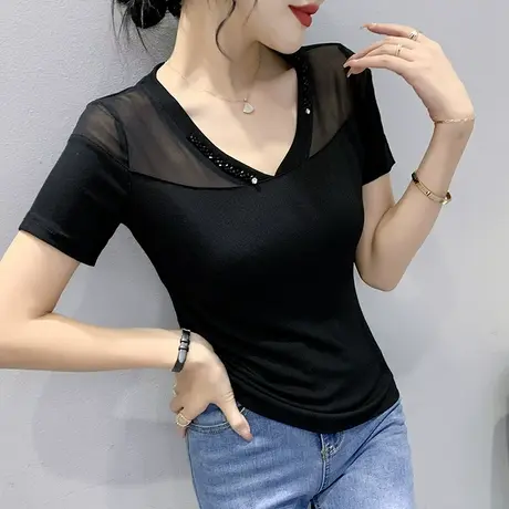 网纱钉珠t恤女短袖时尚性感上衣洋气百搭修身小衫2024新款V领丅恤商品大图