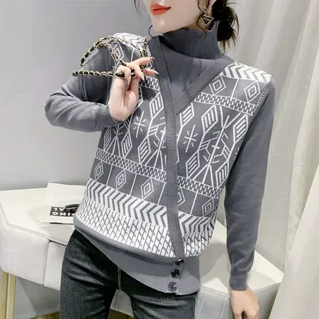 时尚假两件套长袖上衣宽松显瘦高领毛衣女套头秋冬百搭打底针织衫商品大图