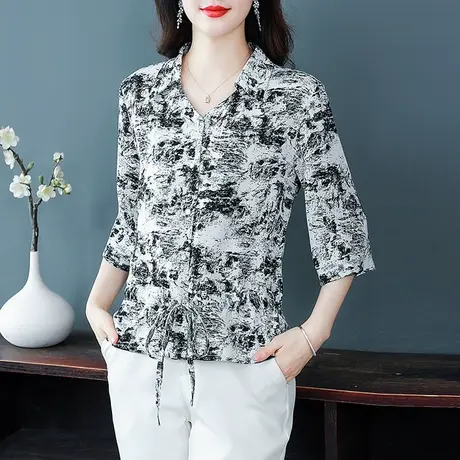 2023夏季新款七分袖印花雪纺衬衫女宽松显瘦胖MM别致薄款百搭衬衣商品大图