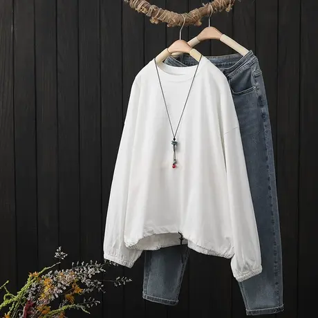 卫衣女宽松大码慵懒风2022秋季新款下摆抽绳长袖t恤圆领套头上衣图片