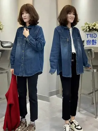 深蓝加绒牛仔衬衫女装新款欧洲站设计感长袖叠穿宽松大码衬衣外套商品大图