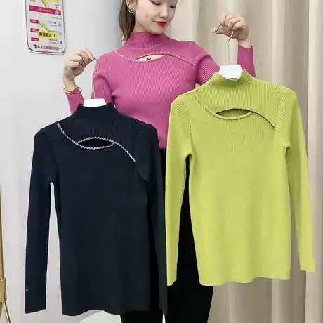 半高领打底衫女秋冬2023新款设计感小众修身镂空针织毛衣内搭上衣商品大图
