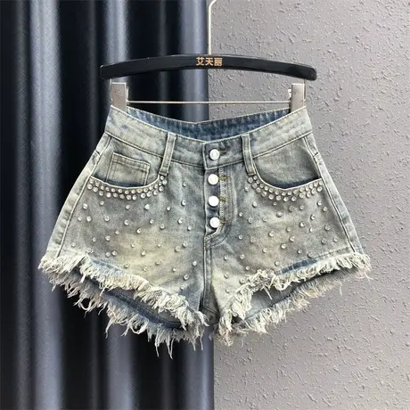 欧货个性毛边阔腿裤女23秋季新款重工烫钻时髦百搭牛仔短裤热裤潮商品大图