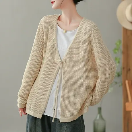 dza 复古V领针织开衫上衣女士春秋外搭长袖休闲宽松短款毛衣外套图片