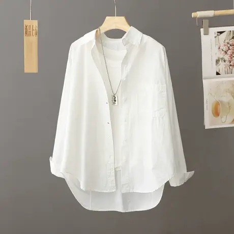 休闲白色衬衫女纯棉2024秋季新款宽松衬衣外套中长款叠穿上衣开衫图片