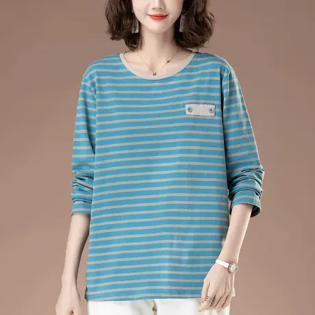 春秋季长袖T恤女新款加肥加大码女装宽松中年妈妈条纹显瘦打底衫图片