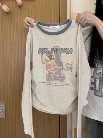 红续趣味涂鸦卡通兔子拼色长袖T恤女甜酷风显瘦打底上衣秋冬新款商品大图