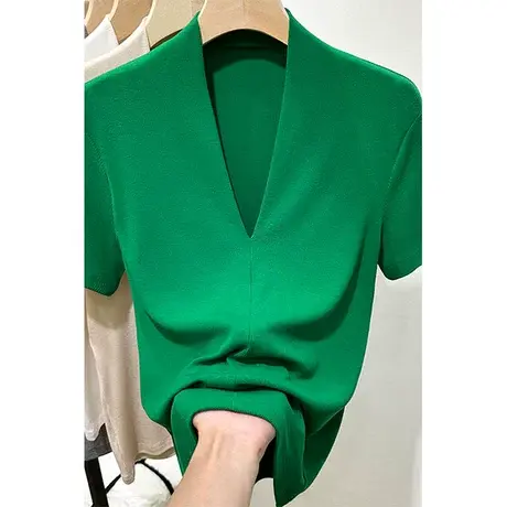 法式高级感螺纹V领短袖t恤女上衣2023春夏季新款修身内搭打底小衫图片