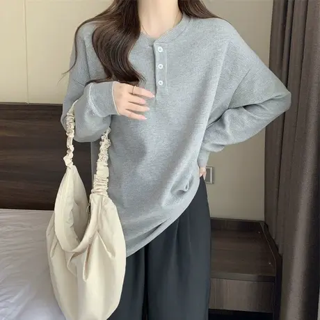 华夫格无帽圆领卫衣女春秋薄款宽松洋气时尚百搭ins学院风上衣潮图片